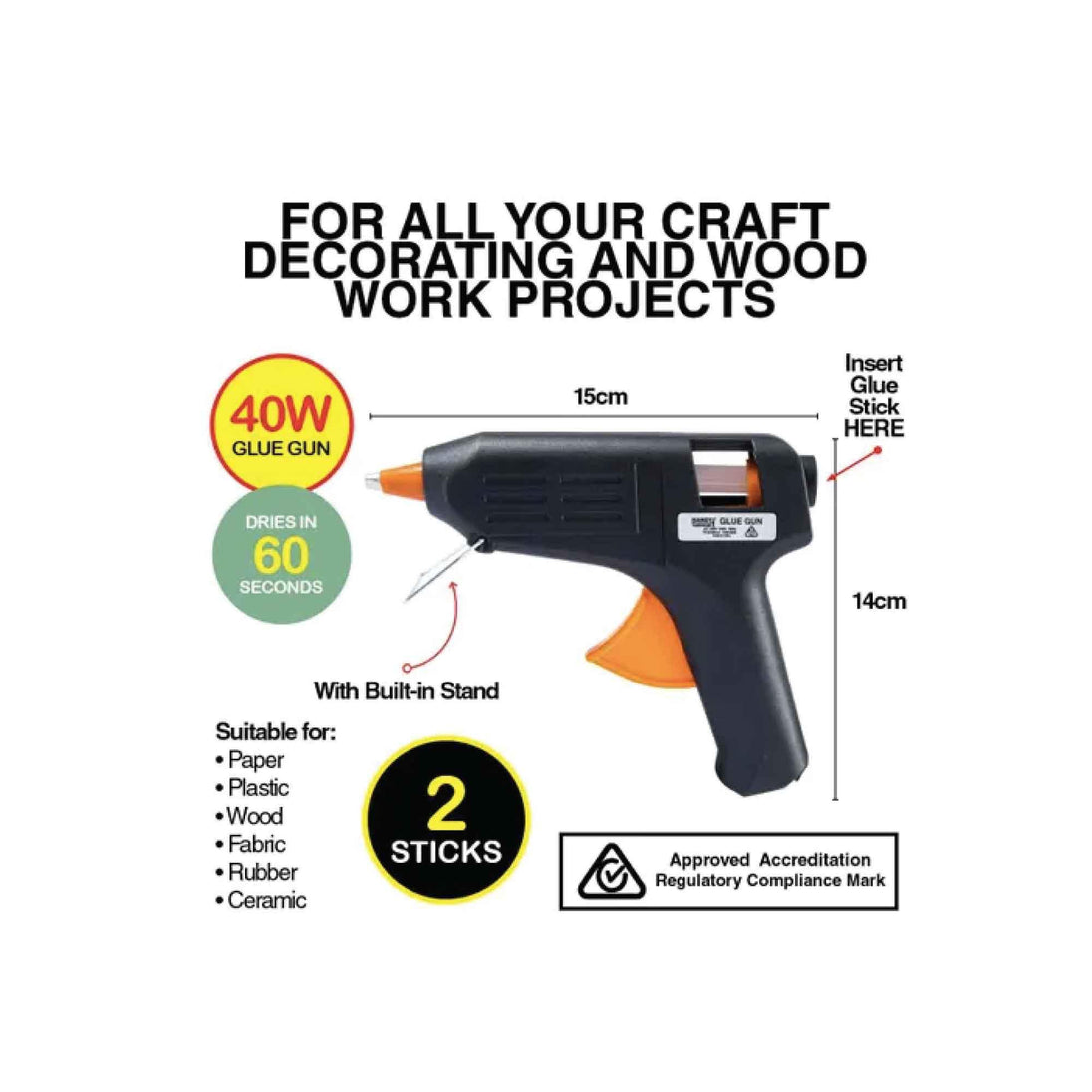 Buy 40w Hot Glue Gun Handy Hardware SAA RCM Craft Adhesive 2x 11mmx100mm Sticks discounted | Products On Sale Australia