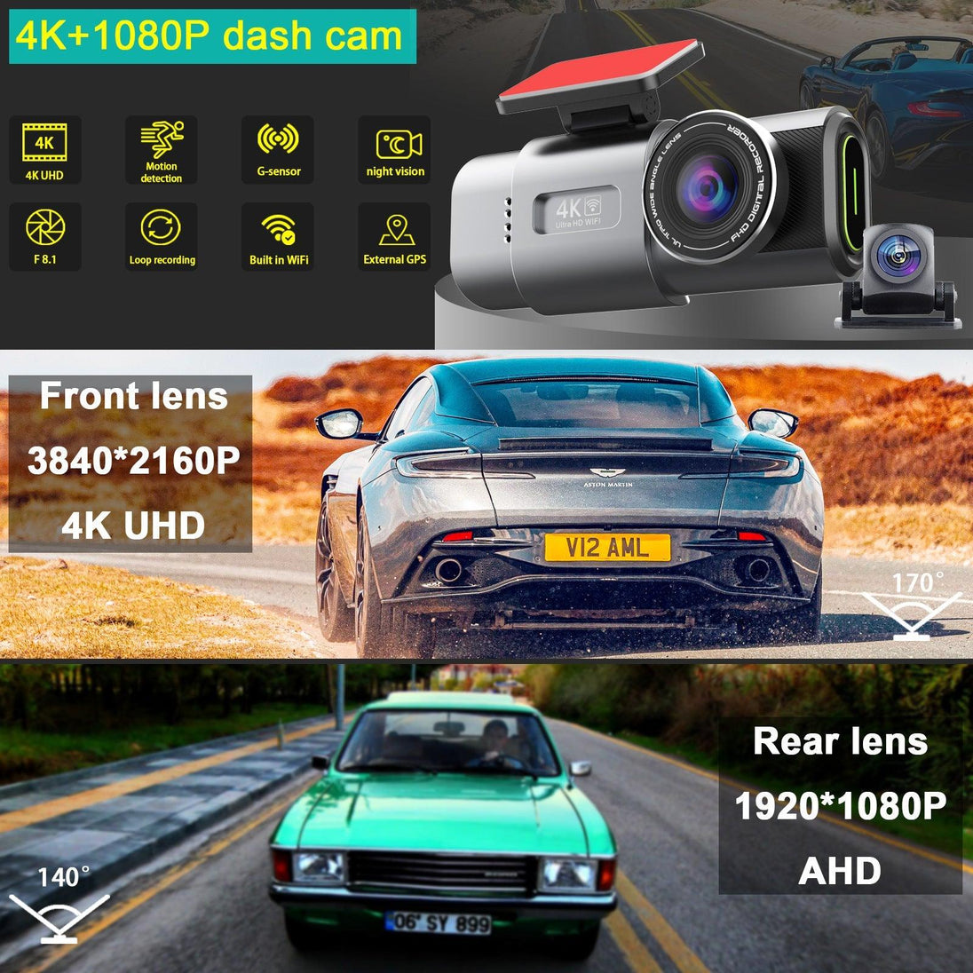 Buy 4K Dash Cam UHD 2160P WiFi Front Dashcam Night Vision Car Camera with 64GB Card discounted | Products On Sale Australia