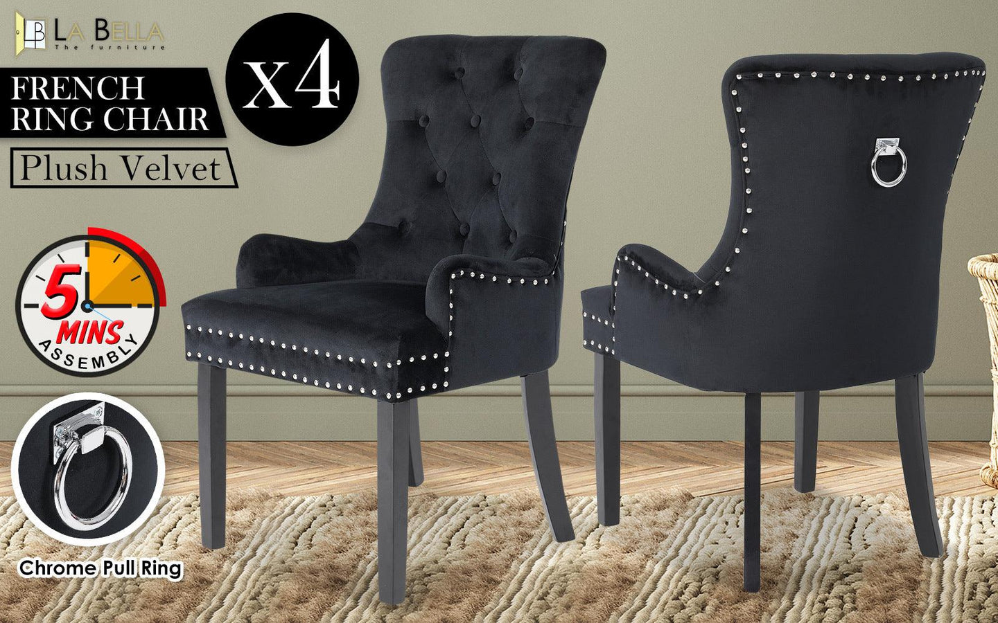 Buy 4X French Provincial Dining Chair Ring Studded Velvet Rubberwood Leg LISSE BLACK discounted | Products On Sale Australia