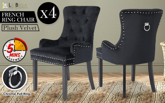 Buy 4X French Provincial Dining Chair Ring Studded Velvet Rubberwood Leg LISSE BLACK discounted | Products On Sale Australia