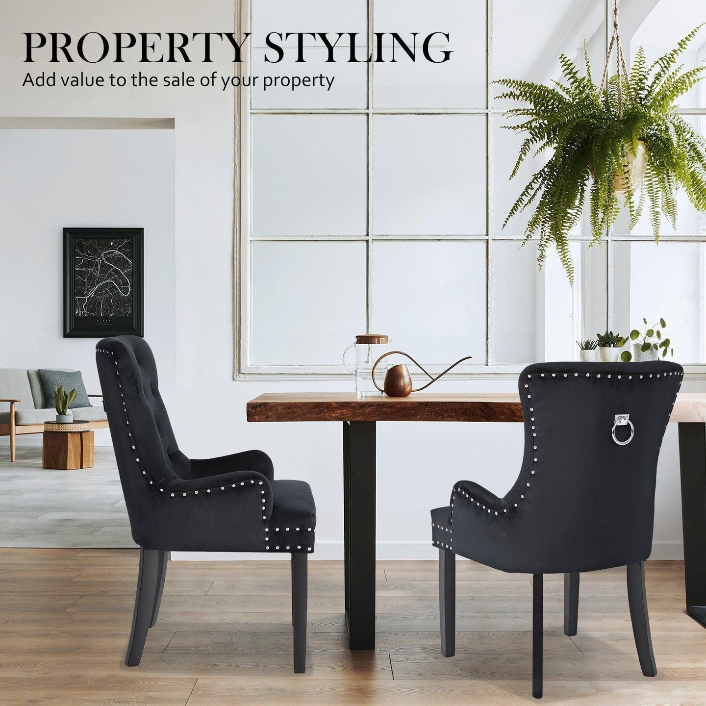 Buy 4X French Provincial Dining Chair Ring Studded Velvet Rubberwood Leg LISSE BLACK discounted | Products On Sale Australia