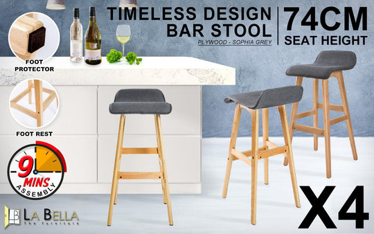 Buy 4X Wooden Bar Stool Dining Chair Fabric SOPHIA 74cm GREY discounted | Products On Sale Australia