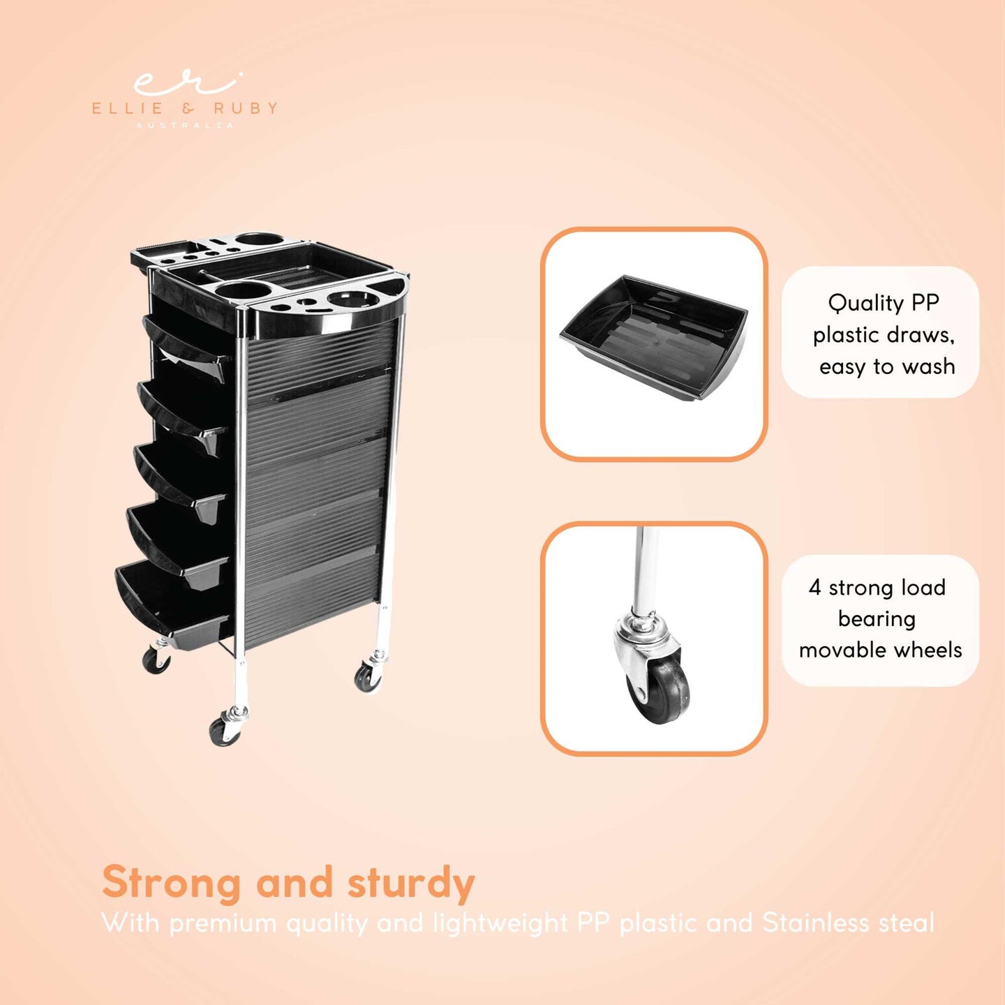 Buy 5 Drawer Hairdressing Trolley Black 90x30x36cm Hair Salon Beauty Rolling Cart discounted | Products On Sale Australia