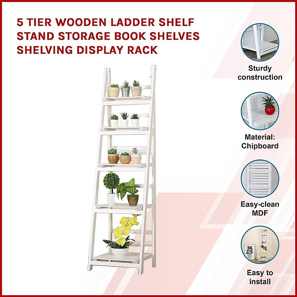 Buy 5 Tier Wooden Ladder Shelf Stand Storage Book Shelves Shelving Display Rack discounted | Products On Sale Australia