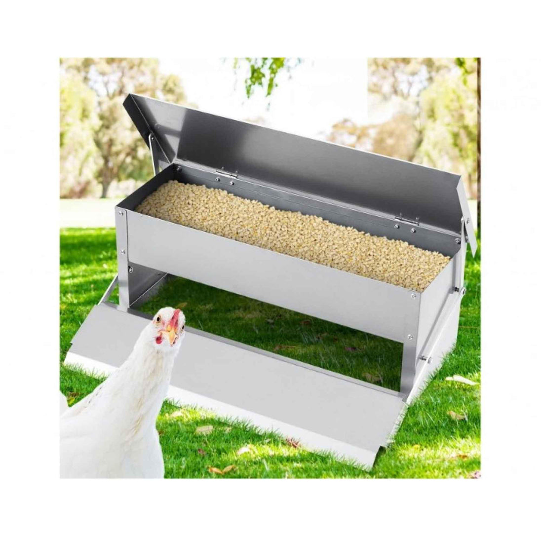 Buy 6.5L Automatic Chook Chicken Feeder Poultry Auto Treadle Galvanised Metal Coop discounted | Products On Sale Australia