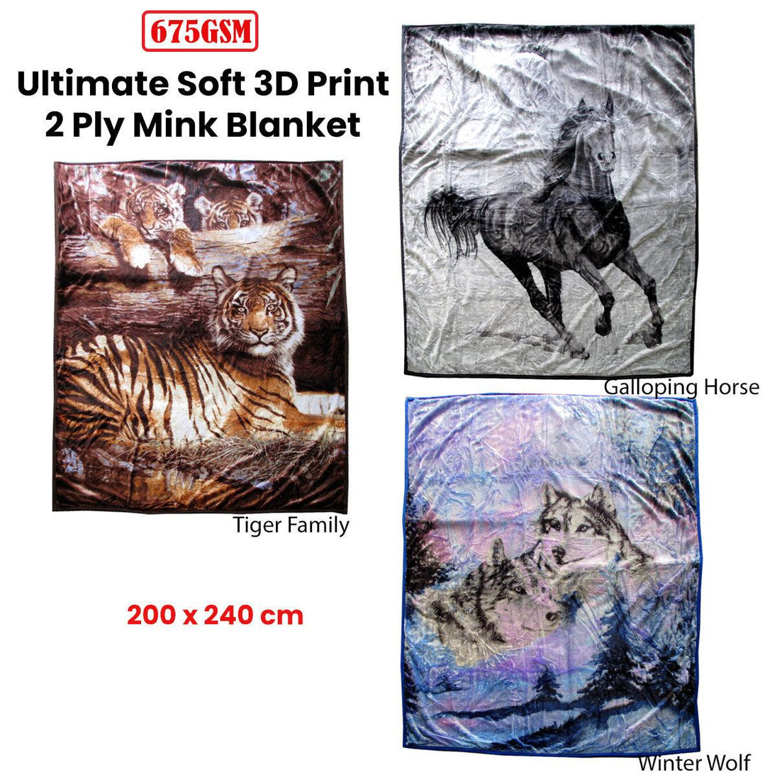 Buy 675gsm 2 Ply 3D Print Faux Mink Blanket Queen 200x240 cm Winter Wolf discounted | Products On Sale Australia