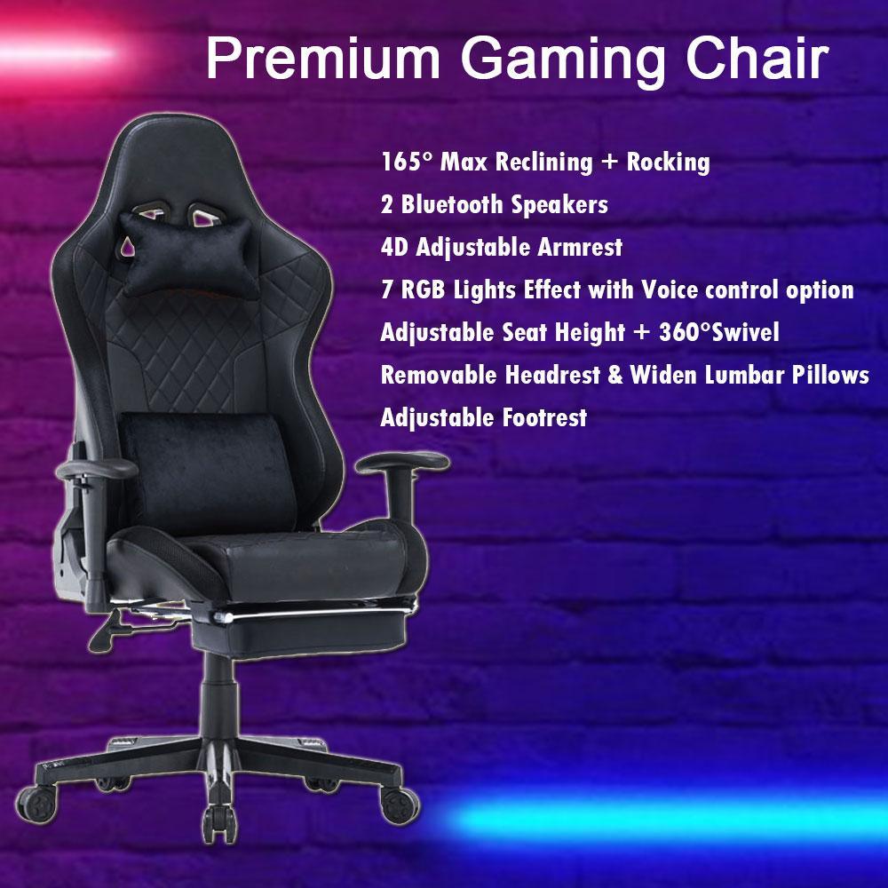 Buy 7 RGB Lights Bluetooth Speaker Gaming Chair Ergonomic Racing chair 165° Reclining Gaming Seat 4D Armrest Footrest Black discounted | Products On Sale Australia