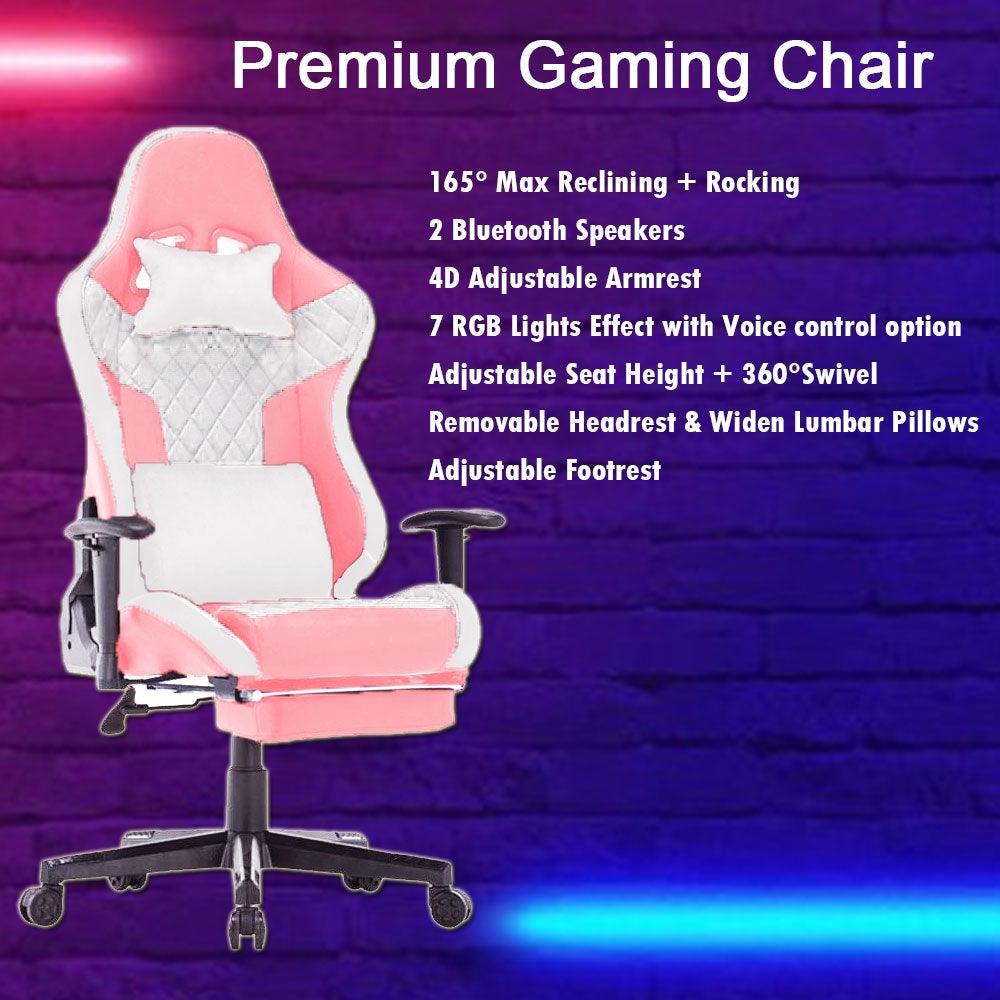 Buy 7 RGB Lights Bluetooth Speaker Gaming Chair Ergonomic Racing chair 165° Reclining Gaming Seat 4D Armrest Footrest Pink White discounted | Products On Sale Australia