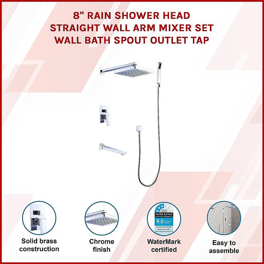 Buy 8" Rain Shower Head Straight Wall Arm Mixer Set Wall Bath Spout Outlet Tap discounted | Products On Sale Australia