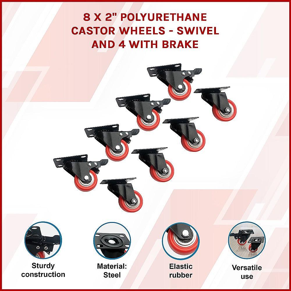 Buy 8 x 2" Polyurethane Castor Wheels - Swivel and 4 with brake discounted | Products On Sale Australia