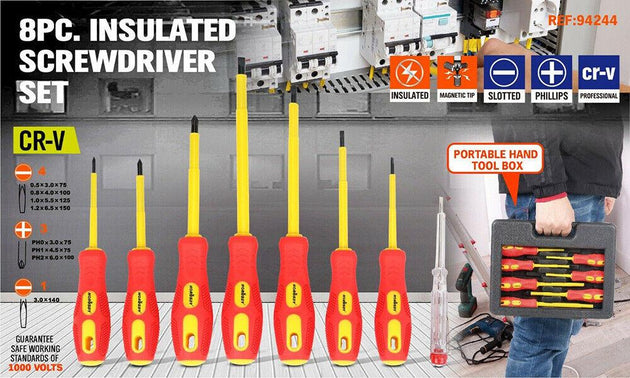 Buy 8Pc Insulated Screwdriver Set Magnetic Slotted Phillips Electricians With Case discounted | Products On Sale Australia