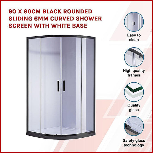 Buy 90 x 90cm Black Rounded Sliding 6mm Curved Shower Screen with White Base discounted | Products On Sale Australia