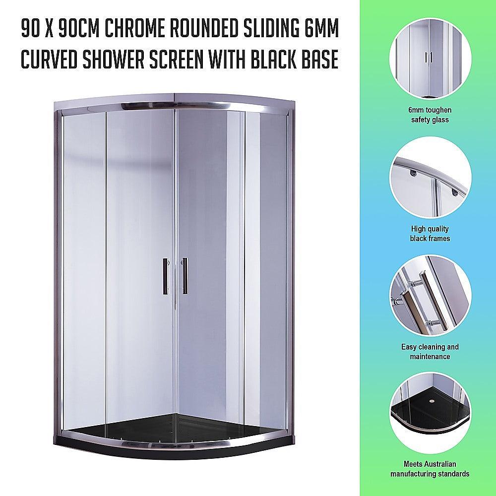 Buy 90 x 90cm Chrome Rounded Sliding 6mm Curved Shower Screen with Black Base discounted | Products On Sale Australia