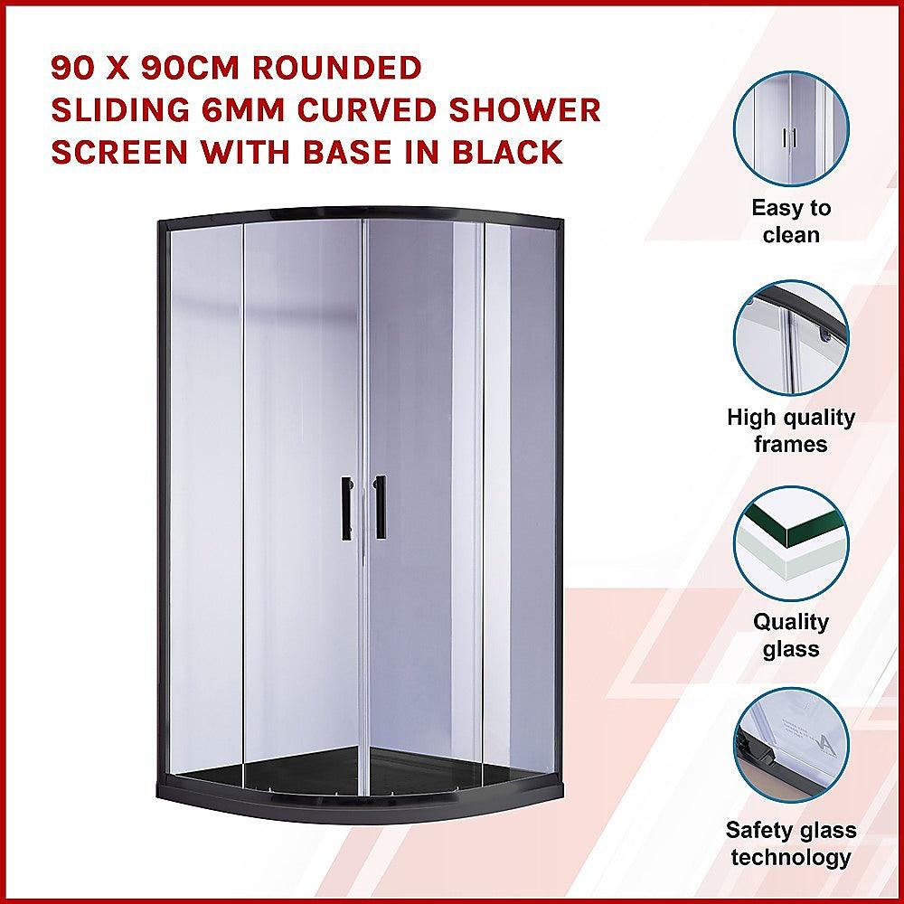 Buy 90 x 90cm Rounded Sliding 6mm Curved Shower Screen with Base in Black discounted | Products On Sale Australia