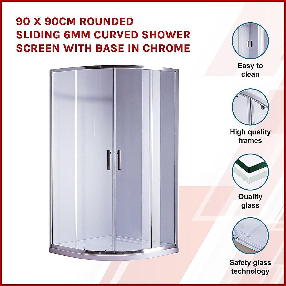 Buy 90 x 90cm Rounded Sliding 6mm Curved Shower Screen with Base in Chrome discounted | Products On Sale Australia