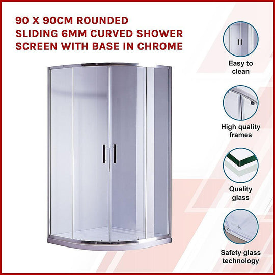 Buy 90 x 90cm Rounded Sliding 6mm Curved Shower Screen with Base in Chrome discounted | Products On Sale Australia