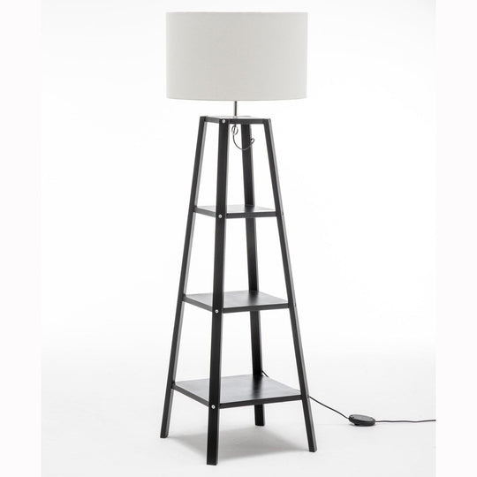 Buy Eiffel 3 Tier Natural Wood Floor Lamp w/ Storage Shelves + Off White Linen Shade discounted | Products On Sale Australia