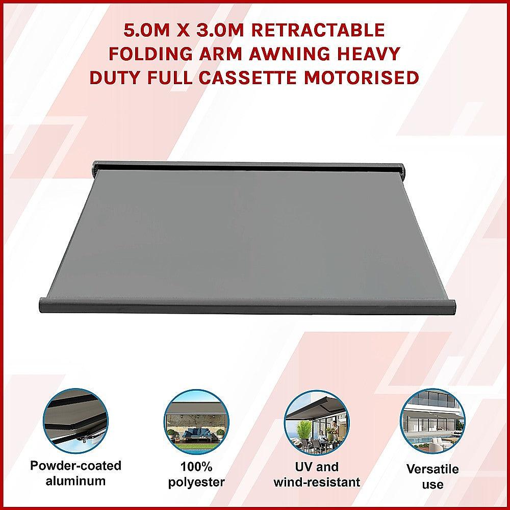 Buy 5.0m x 3.0m Retractable Folding Arm Awning Heavy Duty Full Cassette Motorised discounted | Products On Sale Australia