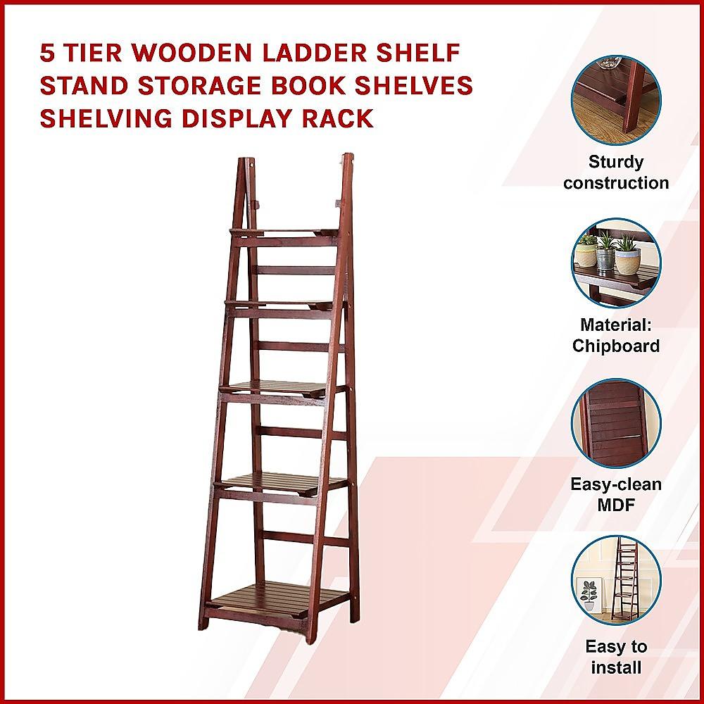 Buy 5 Tier Wooden Ladder Shelf Stand Storage Book Shelves Shelving Display Rack discounted | Products On Sale Australia