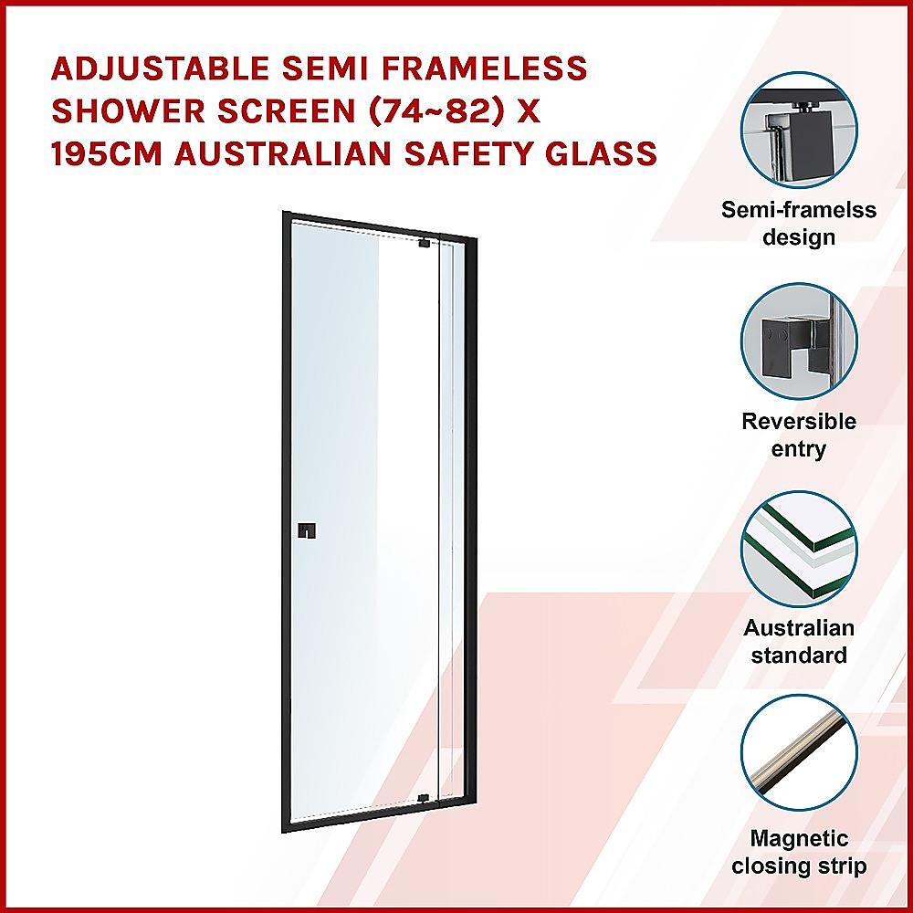 Buy Adjustable Semi Frameless Shower Screen (74~82) x 195cm Australian Safety Glass discounted | Products On Sale Australia