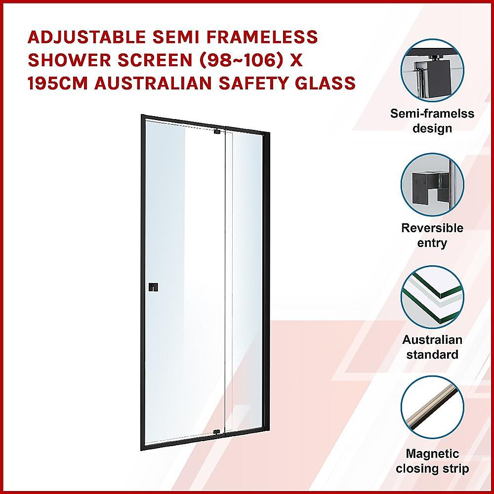 Buy Adjustable Semi Frameless Shower Screen (98~106) x 195cm Australian Safety Glass discounted | Products On Sale Australia