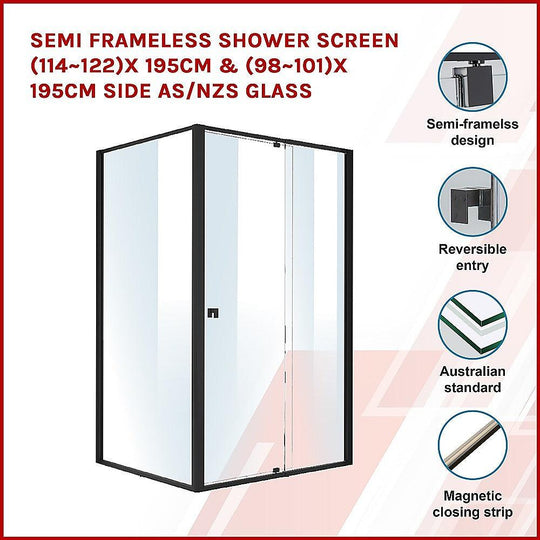 Buy Semi Frameless Shower Screen (114~122)x 195cm & (98~101)x195cm Side AS/NZS Glass discounted | Products On Sale Australia