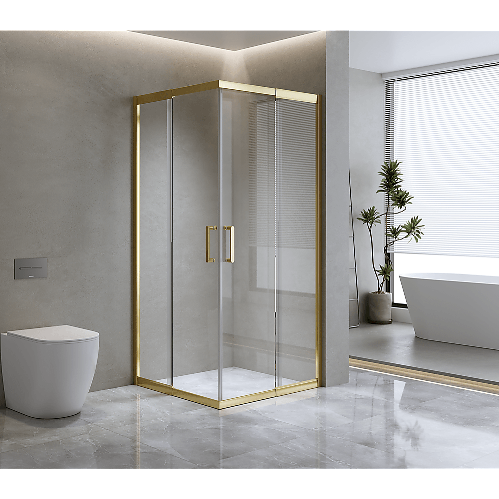 Buy Adjustable 900x1000mm Double Sliding Door Glass Shower Screen in Gold discounted | Products On Sale Australia