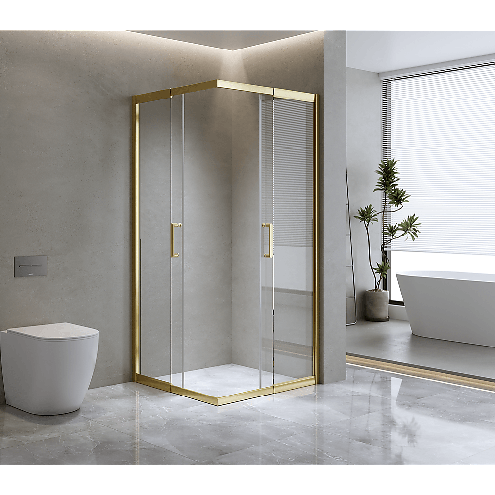 Buy Adjustable 900x1000mm Double Sliding Door Glass Shower Screen in Gold discounted | Products On Sale Australia