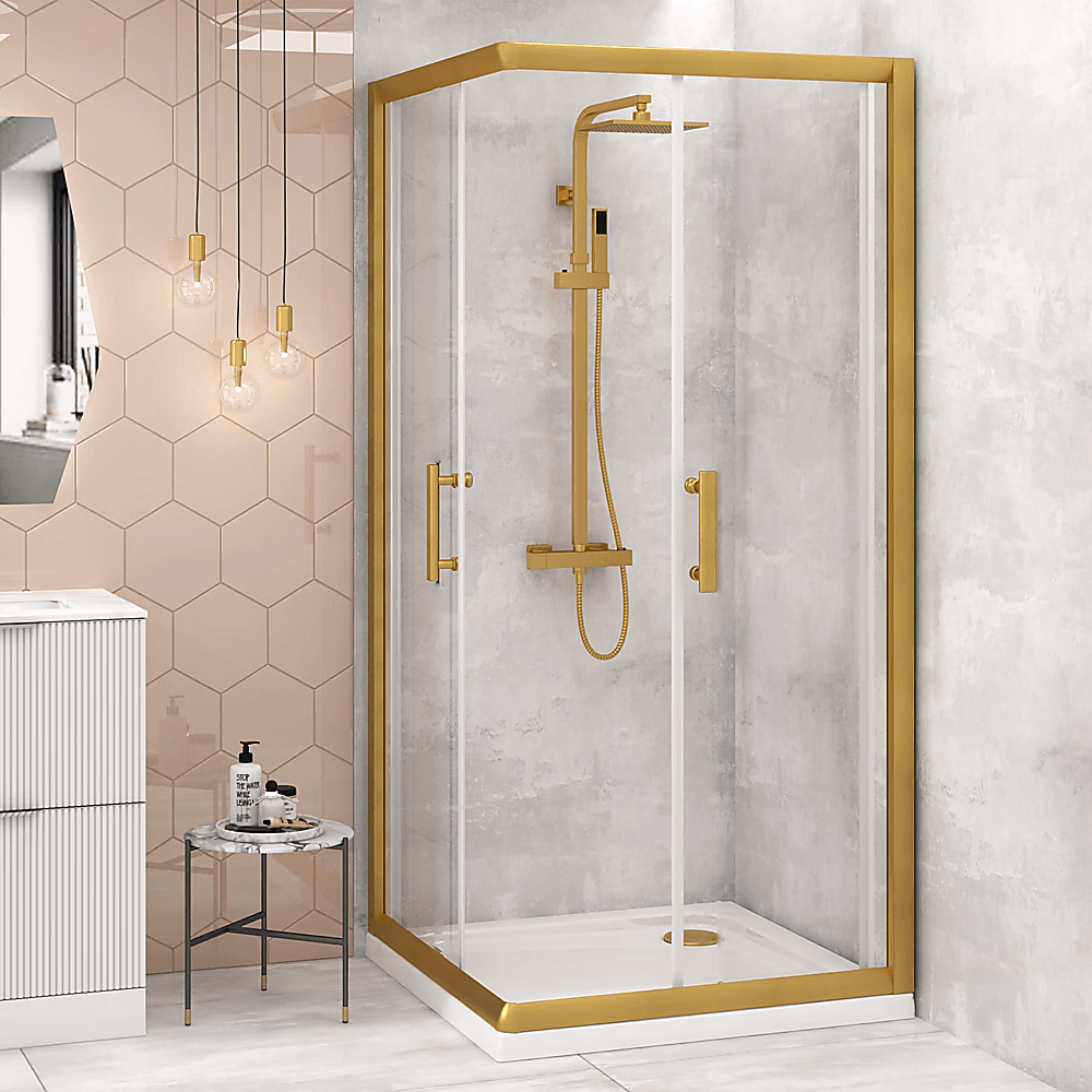 Buy Adjustable 900x900mm Double Sliding Door Glass Shower Screen in Gold discounted | Products On Sale Australia