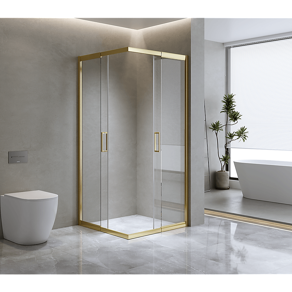 Buy Adjustable 900x900mm Double Sliding Door Glass Shower Screen in Gold discounted | Products On Sale Australia