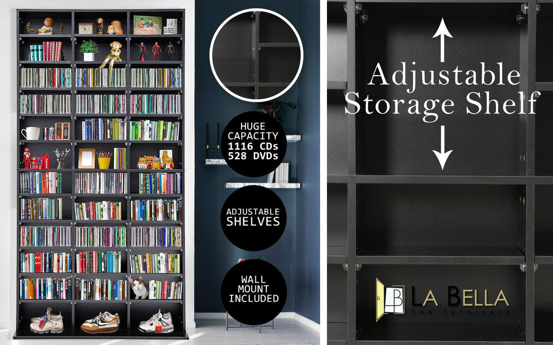 Buy Adjustable Shelves CD DVD Bluray Media Book Storage Cupboard BLACK discounted | Products On Sale Australia