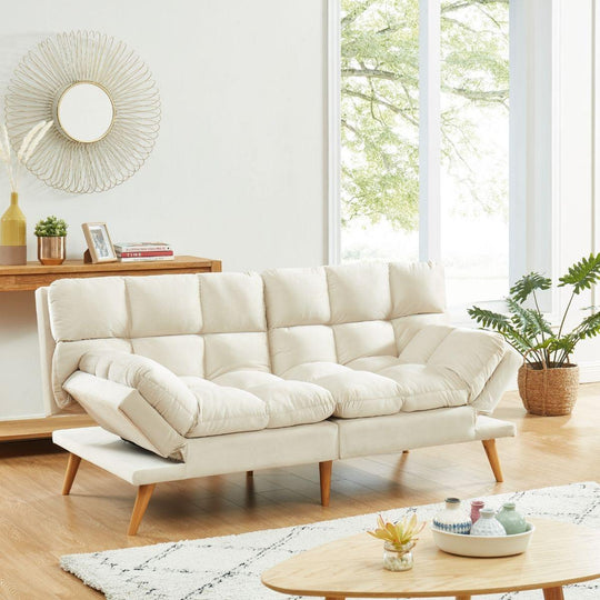 Buy Alexa 3 Seater Velvet Sofa Bed Futon Cream discounted | Products On Sale Australia