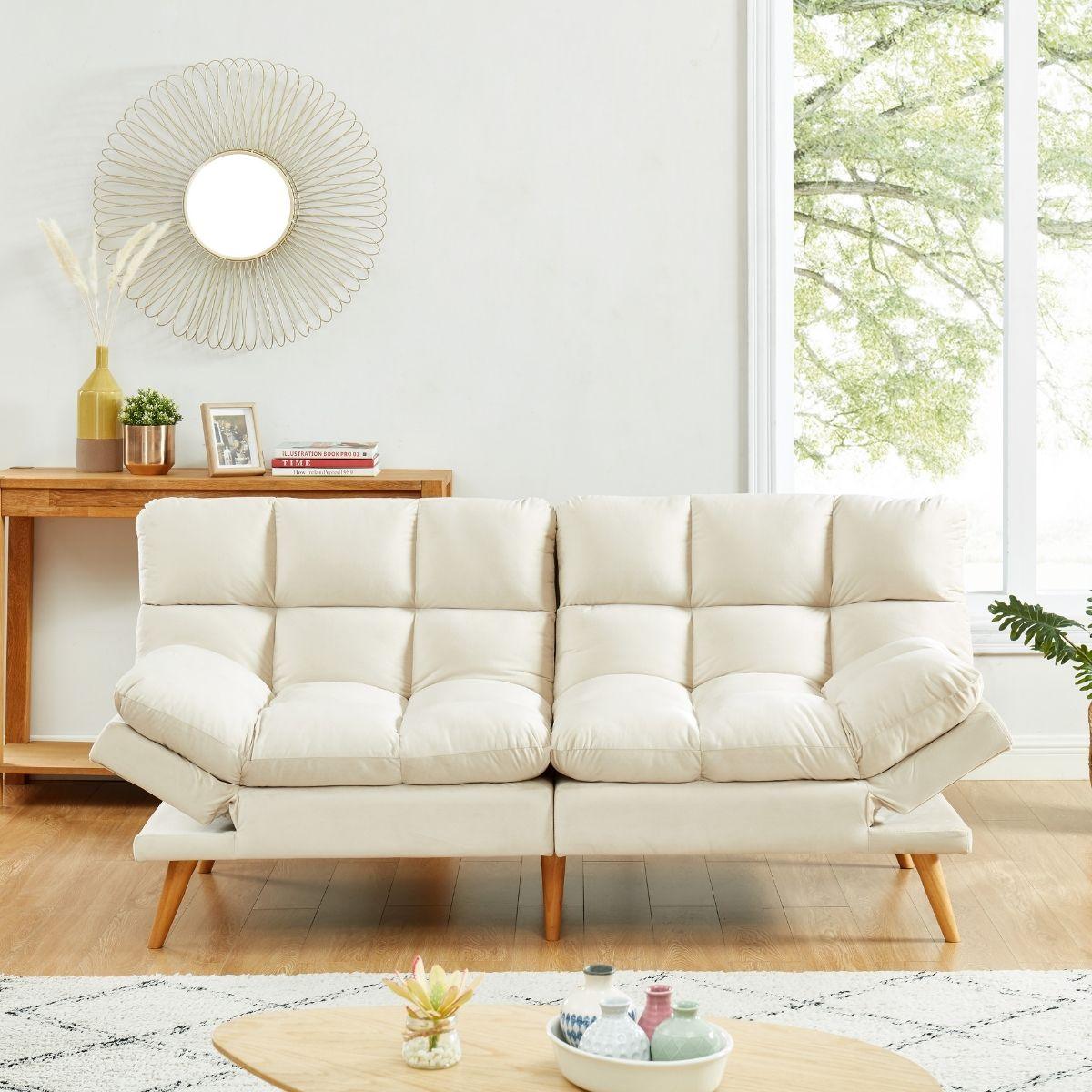 Buy Alexa 3 Seater Velvet Sofa Bed Futon Cream discounted | Products On Sale Australia