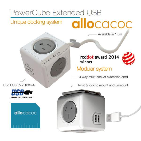 Buy Allocacoc PowerCube Extended USB Powerboard 4-Outlets 2 USB Ports Grey-White 1.5m discounted | Products On Sale Australia