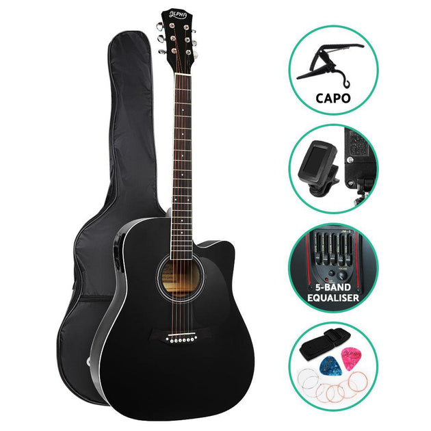 Buy Alpha 41 Inch Acoustic Guitar Equaliser Electric Output Cutaway w/ Stand Black discounted | Products On Sale Australia