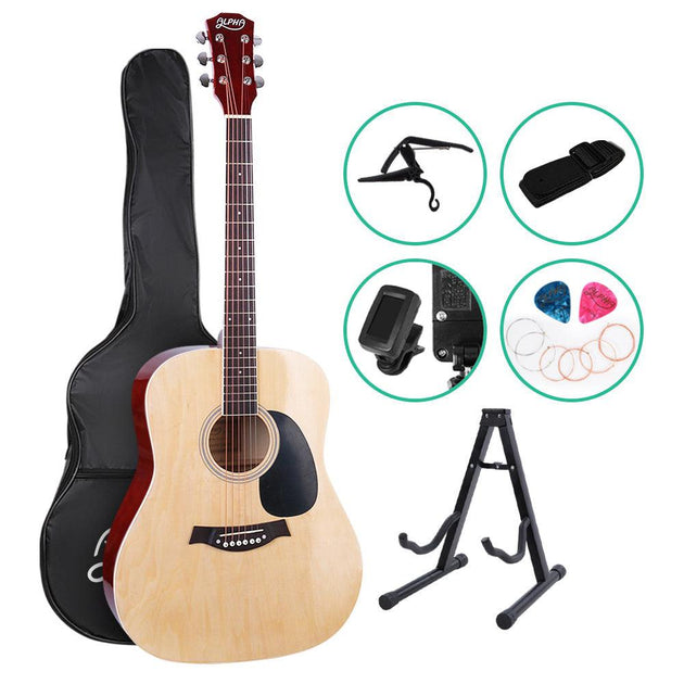 Buy Alpha 41 Inch Acoustic Guitar Wooden Body Steel String Dreadnought Stand Wood discounted | Products On Sale Australia