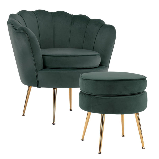 Armchair Lounge Chair Accent Velvet Shell Scallop + Ottoman Footstool Round GREEN Products On Sale Australia | Furniture > Bar Stools & Chairs Category