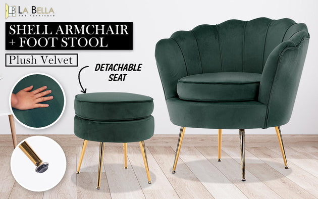 Armchair Lounge Chair Accent Velvet Shell Scallop + Ottoman Footstool Round GREEN Products On Sale Australia | Furniture > Bar Stools & Chairs Category