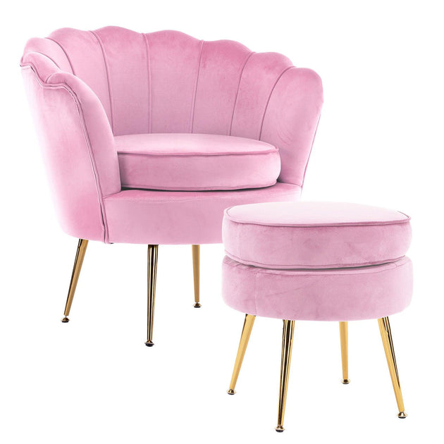 Armchair Lounge Chair Accent Velvet Shell Scallop + Round Ottoman Footstool PINK Products On Sale Australia | Furniture > Bar Stools & Chairs Category
