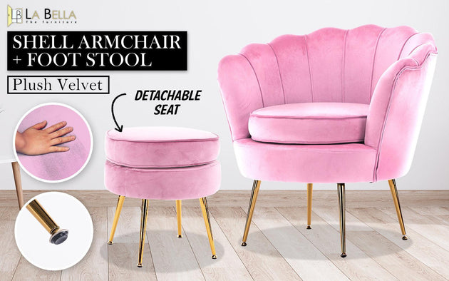 Armchair Lounge Chair Accent Velvet Shell Scallop + Round Ottoman Footstool PINK Products On Sale Australia | Furniture > Bar Stools & Chairs Category