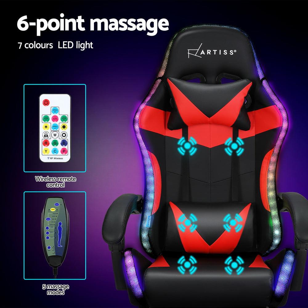 Buy Artiss 6 Point Massage Gaming Office Chair 7 LED Footrest Red discounted | Products On Sale Australia