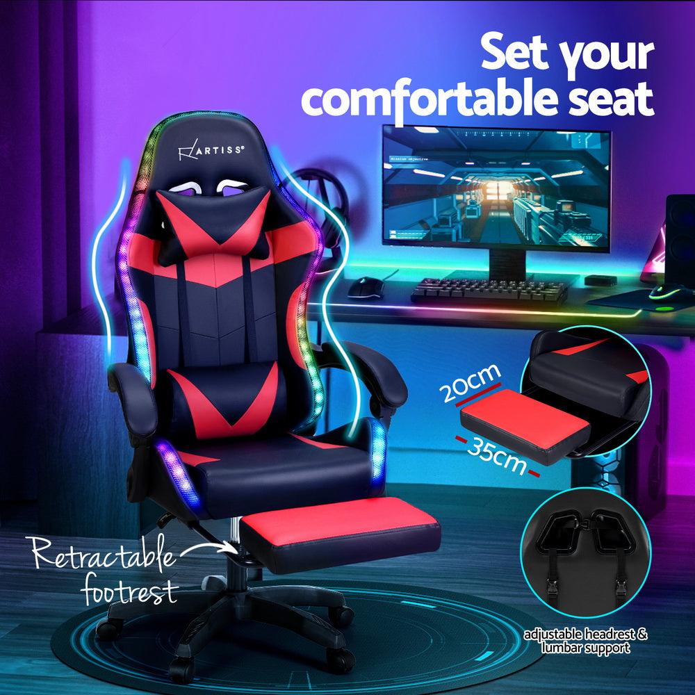 Buy Artiss 6 Point Massage Gaming Office Chair 7 LED Footrest Red discounted | Products On Sale Australia