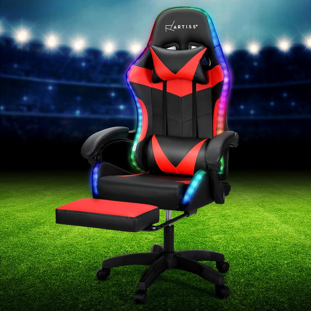 Buy Artiss 6 Point Massage Gaming Office Chair 7 LED Footrest Red discounted | Products On Sale Australia