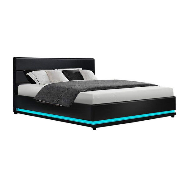 Buy Artiss Bed Frame Queen Size LED Gas Lift Black LUMI | Products On Sale Australia