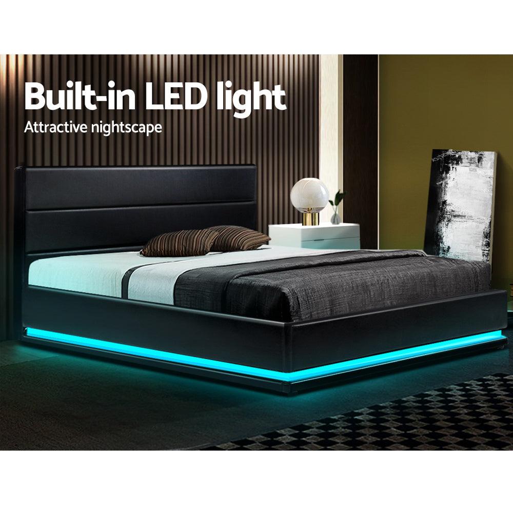 Artiss Bed Frame Queen Size LED Gas Lift Black LUMI Products On Sale Australia | Furniture > Bedroom Category