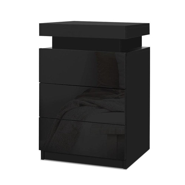 Artiss Bedside Table LED 3 Drawers - COLEY Black Products On Sale Australia | Furniture > Bedroom Category