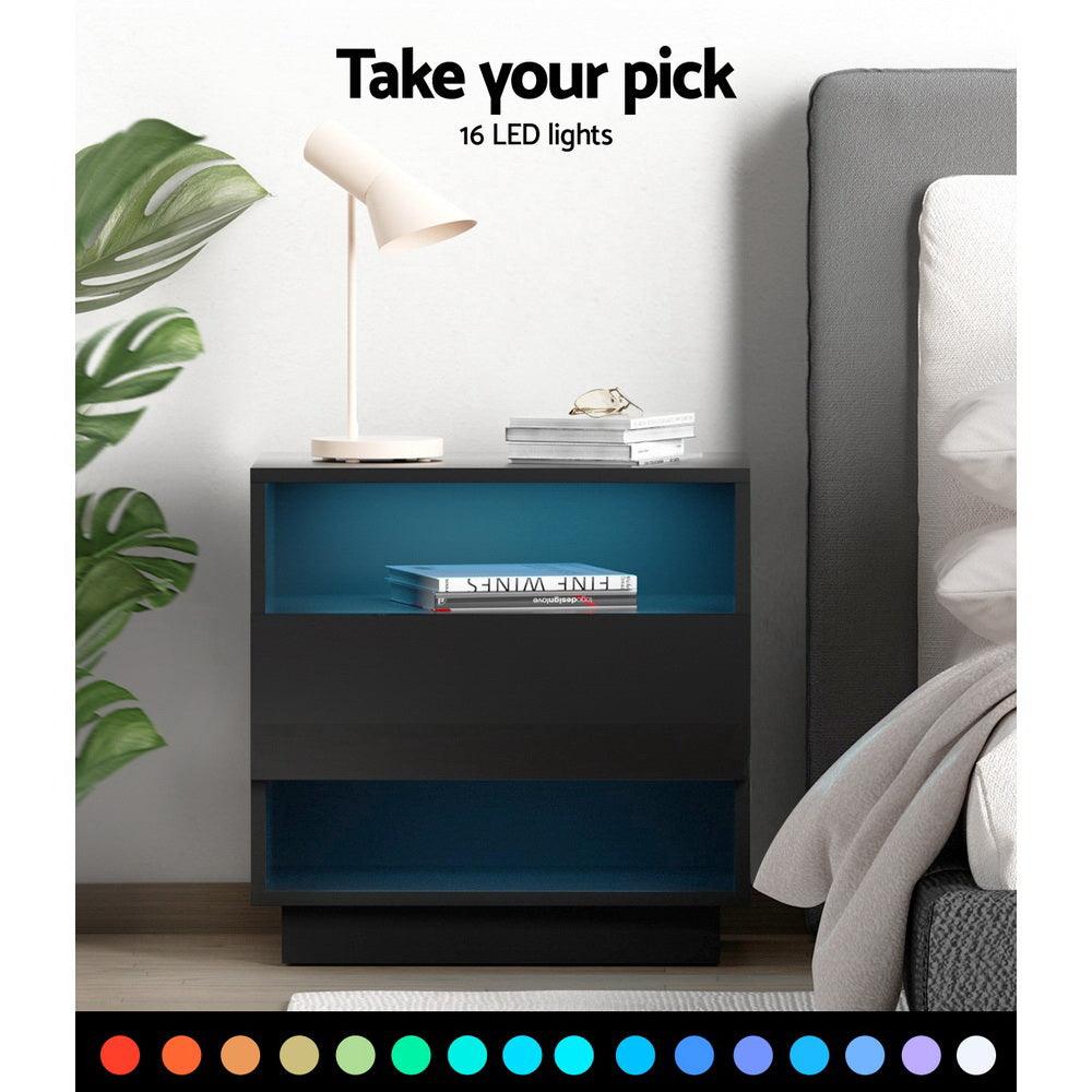 Buy Artiss Bedside Table LED with 2 Shelves - HANA Black discounted | Products On Sale Australia