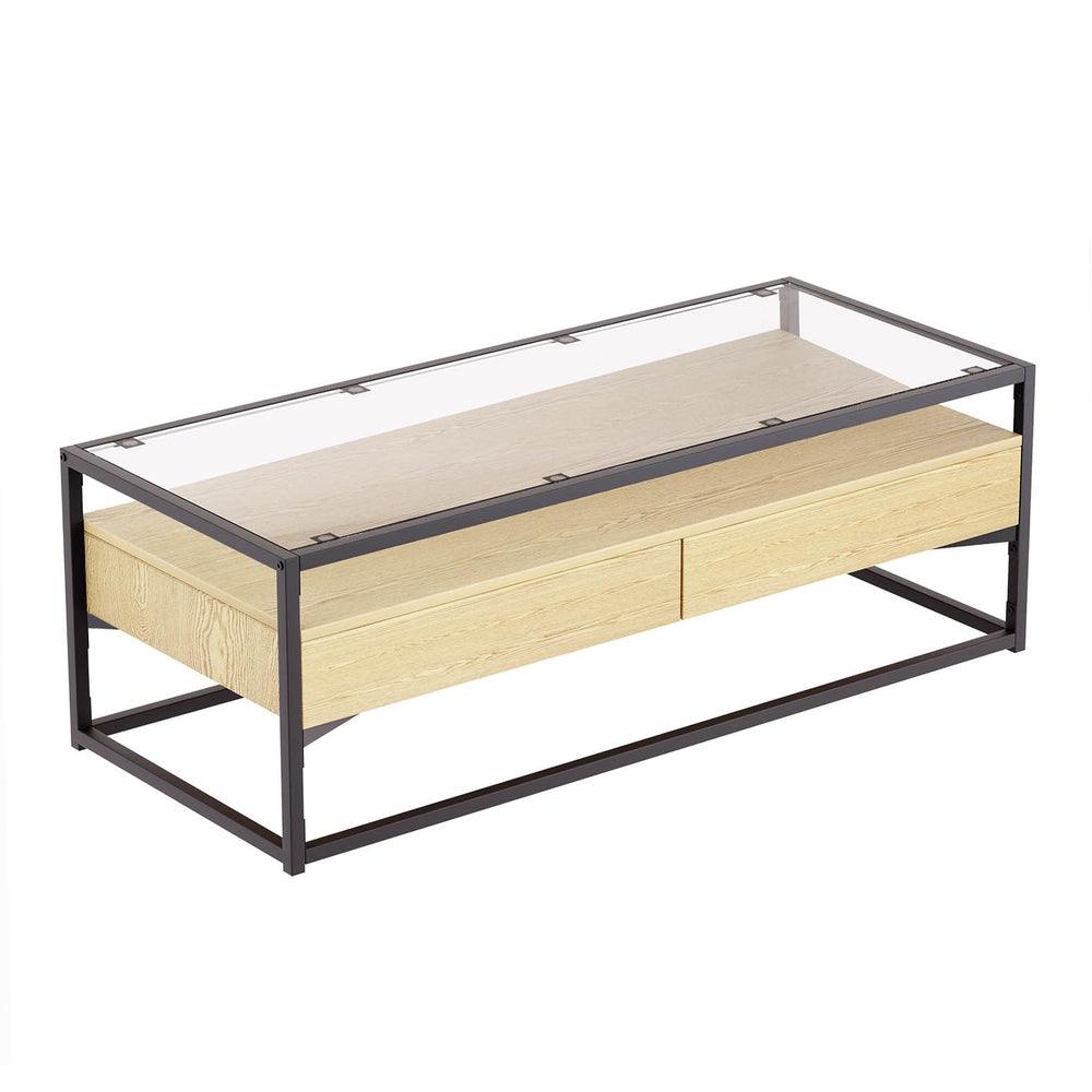 Buy Artiss Coffee Table 2 Drawers Glass Tabletop Pine discounted | Products On Sale Australia