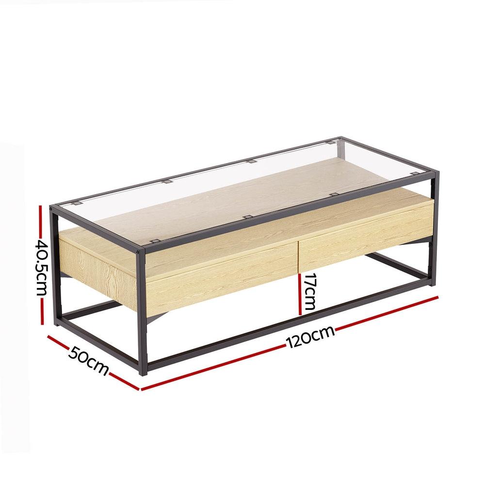 Buy Artiss Coffee Table 2 Drawers Glass Tabletop Pine discounted | Products On Sale Australia