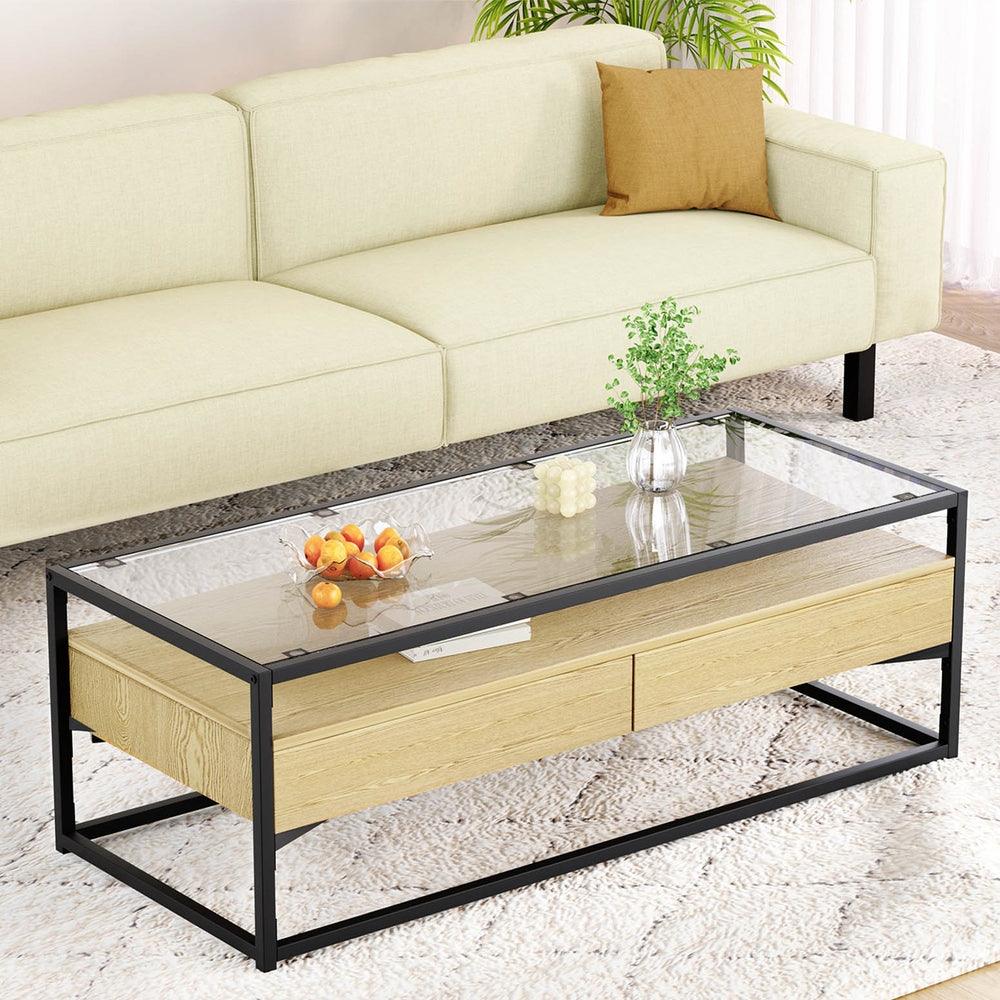 Buy Artiss Coffee Table 2 Drawers Glass Tabletop Pine discounted | Products On Sale Australia